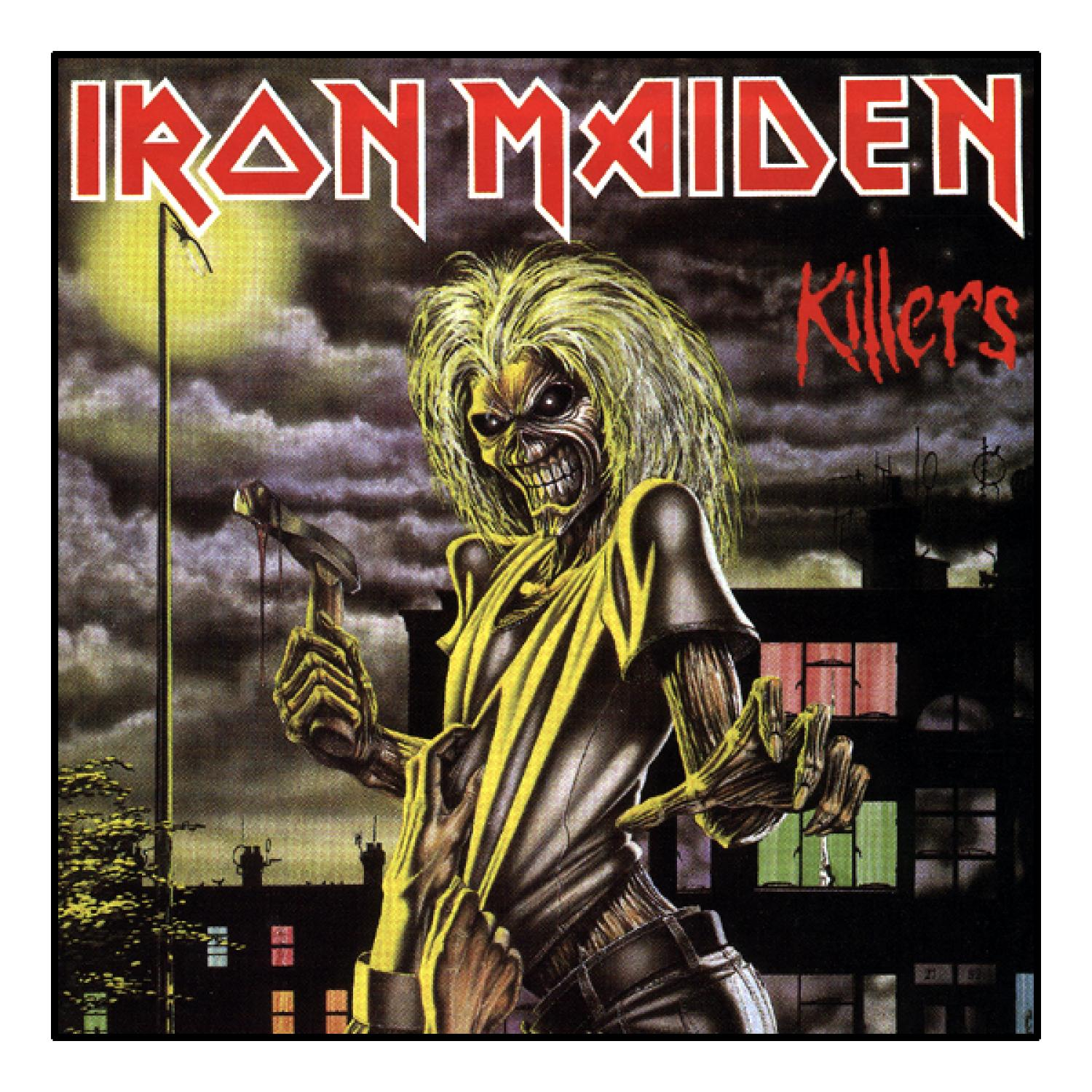 Iron Maiden 'Killers' Albumcover. Ein Zombie hält einen Hammer in einer Stadt.