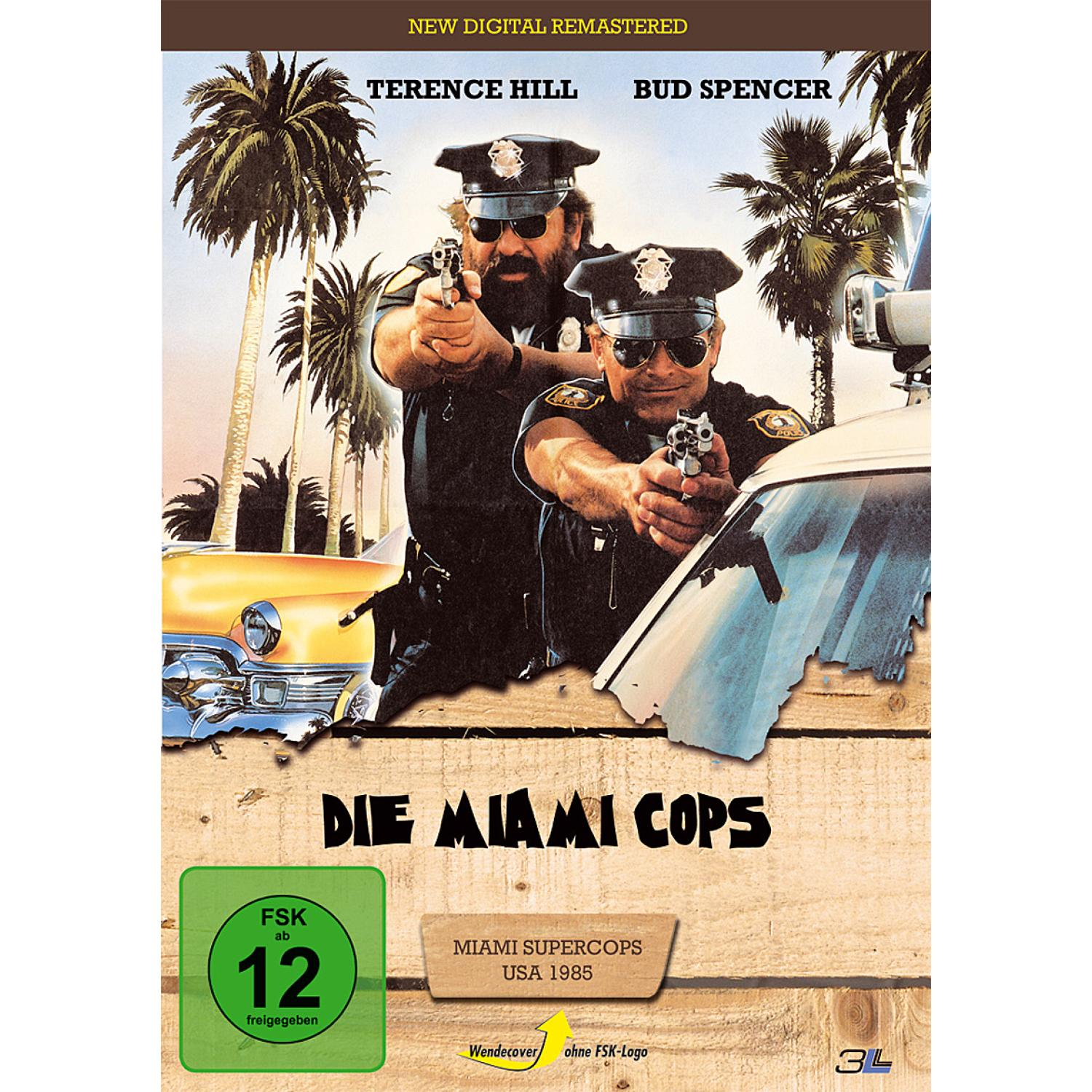 DVD-Cover mit zwei Polizisten, die in einem Auto mit Palmen auf Waffen zielen.