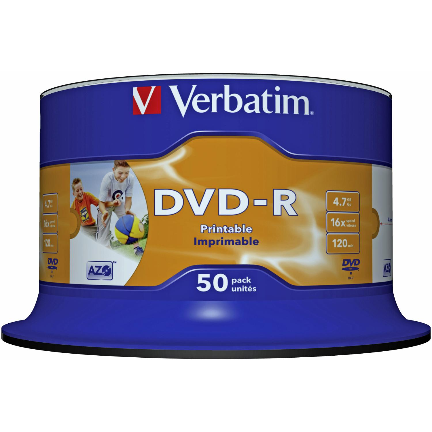 Eine blaue zylindrische Packung Verbatim DVD-R-Discs mit bedruckten Etiketten.