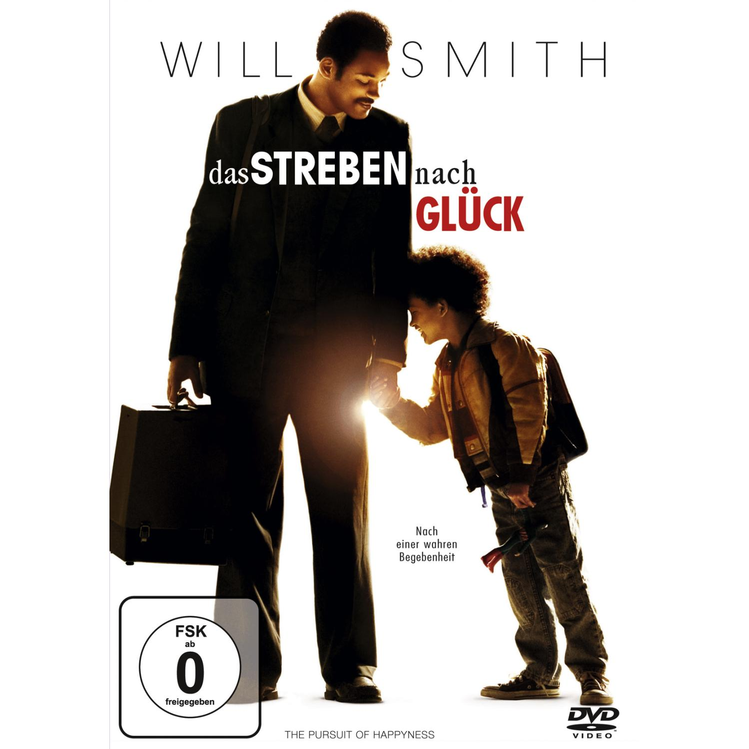 DVD-Cover von "Das Streben nach Glück" mit Will Smith und einem Jungen. Deutscher Titel, FSK-Rating.