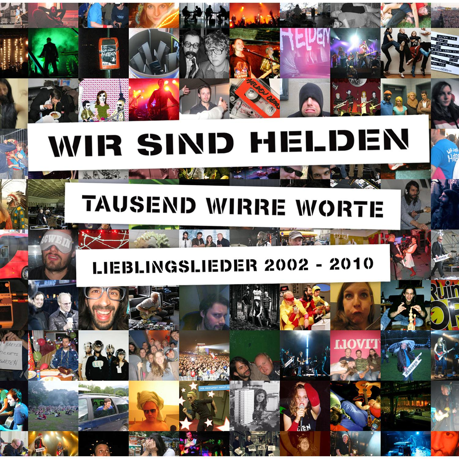 Bildcollage einer Band, Wir Sind Helden, mit ihrem Albumtitel und Songtiteln auf einem Hintergrund.