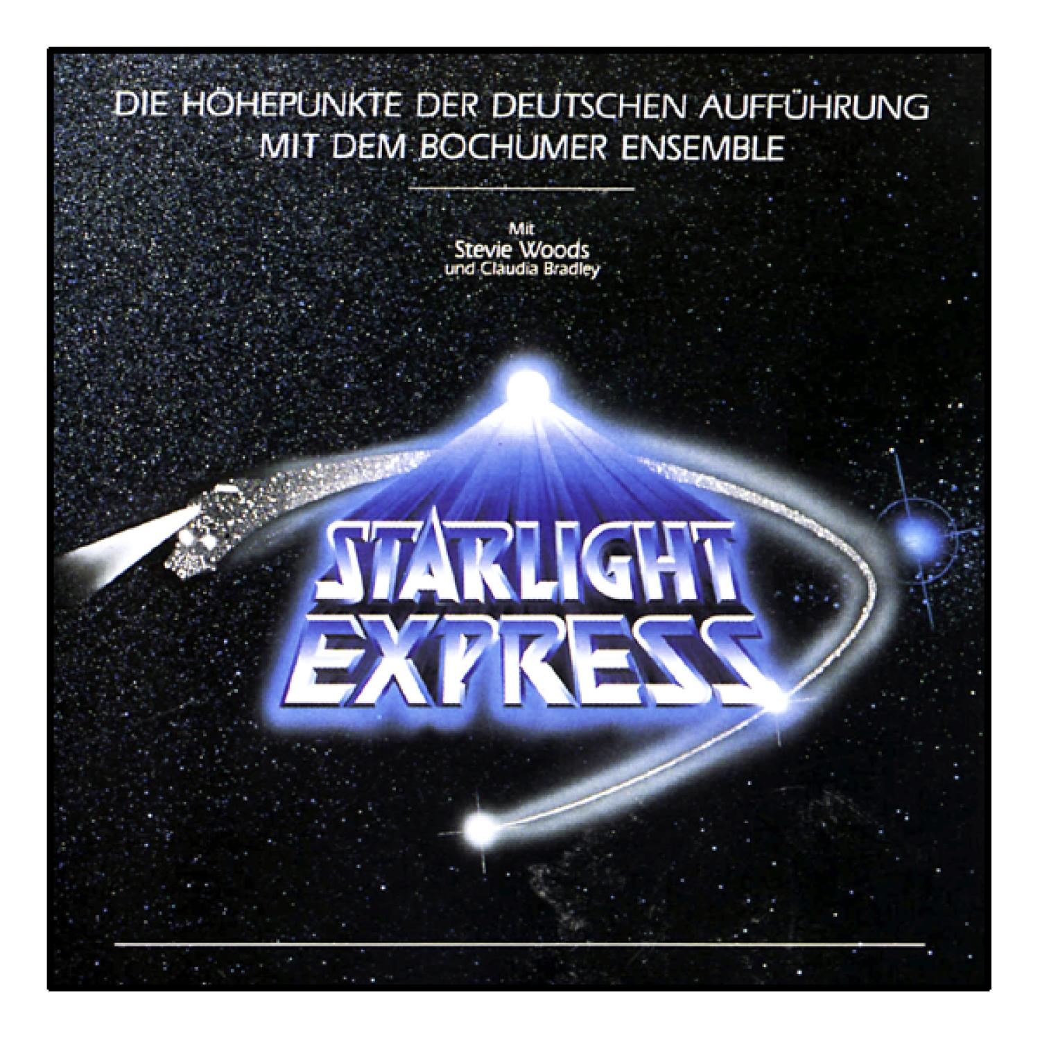 Albumcover mit Text: STARLIGHT EXPRESS. Zugähnliche Form mit Lichtspuren auf sternenklarem Hintergrund.