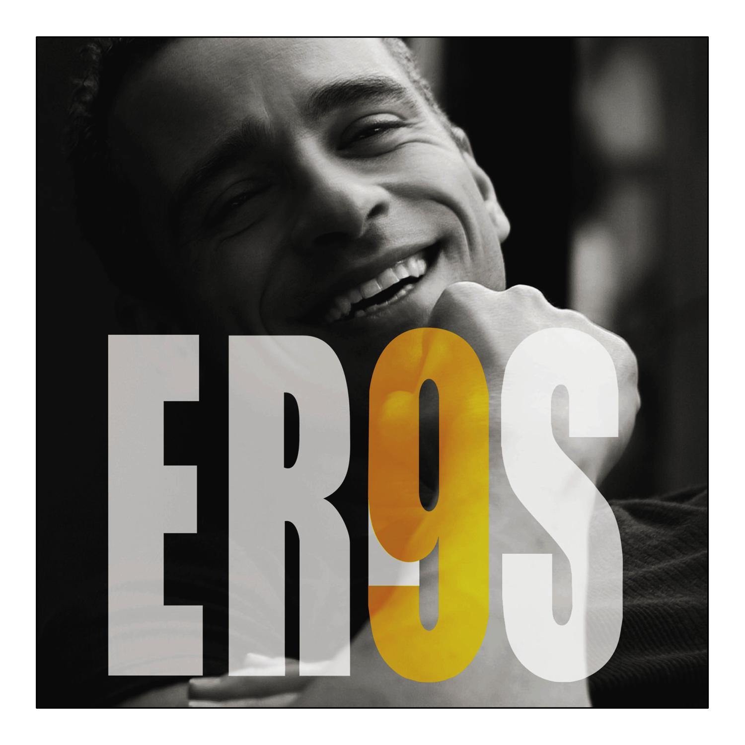 Albumcover mit einem lächelnden Mann und dem Wort 'EROS' in großen weißen Buchstaben mit einer gelben '9'.