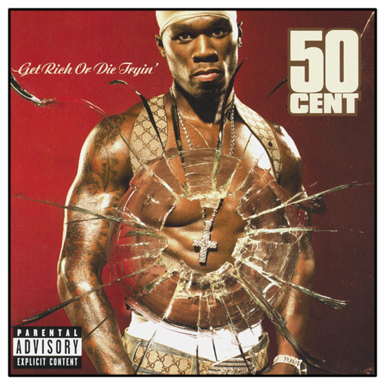50 Cent auf einem Albumcover. Er steht vor zerbrochenem Glas, mit Text.