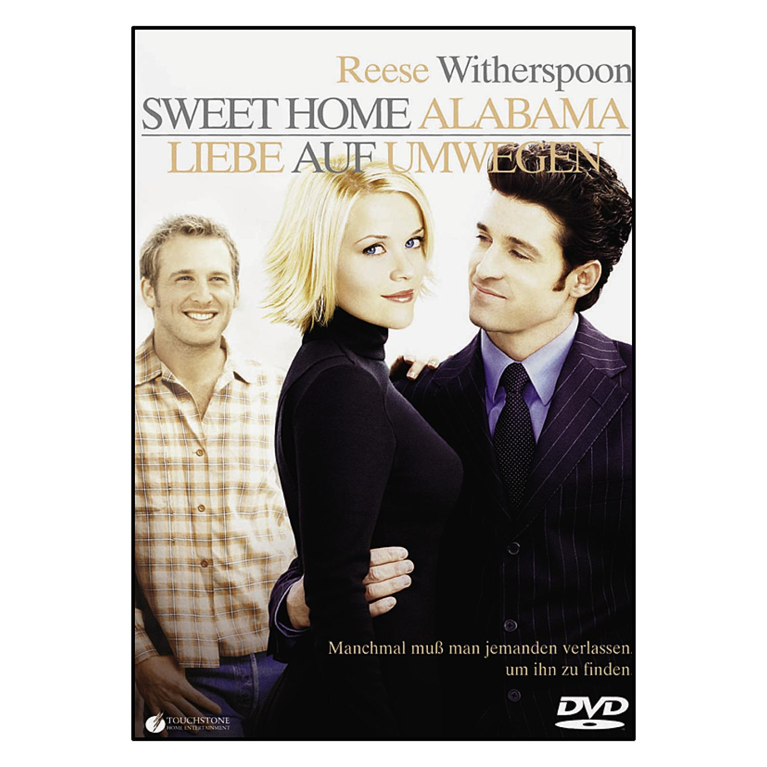 Filmplakat von 'Sweet Home Alabama'. Reese Witherspoon mit zwei Männern. Titel auf Deutsch.