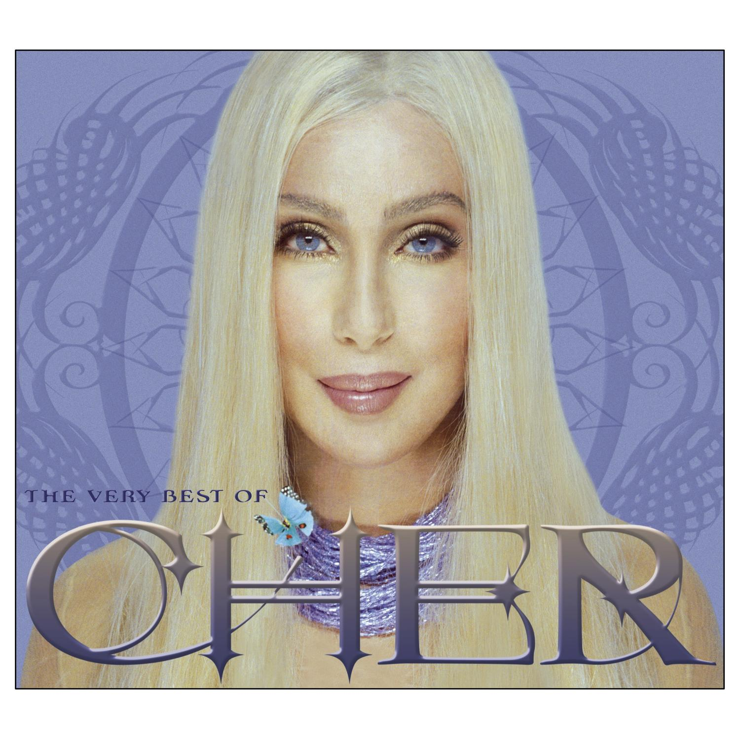 Albumcover: Cher's Gesicht, blondes Haar, blaue Augen, blauer Schmetterling, Titel 'The Very Best of Cher'.