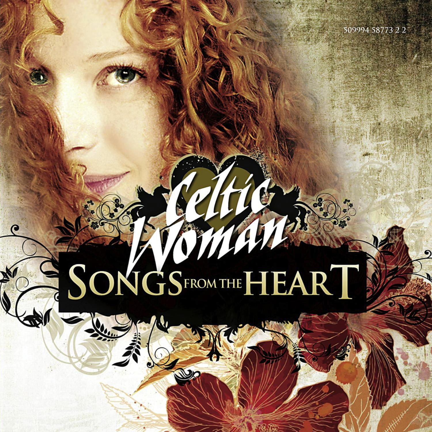 Celtic Woman Albumcover. Gesicht einer Frau mit roten Haaren, Blumendesign, Text.