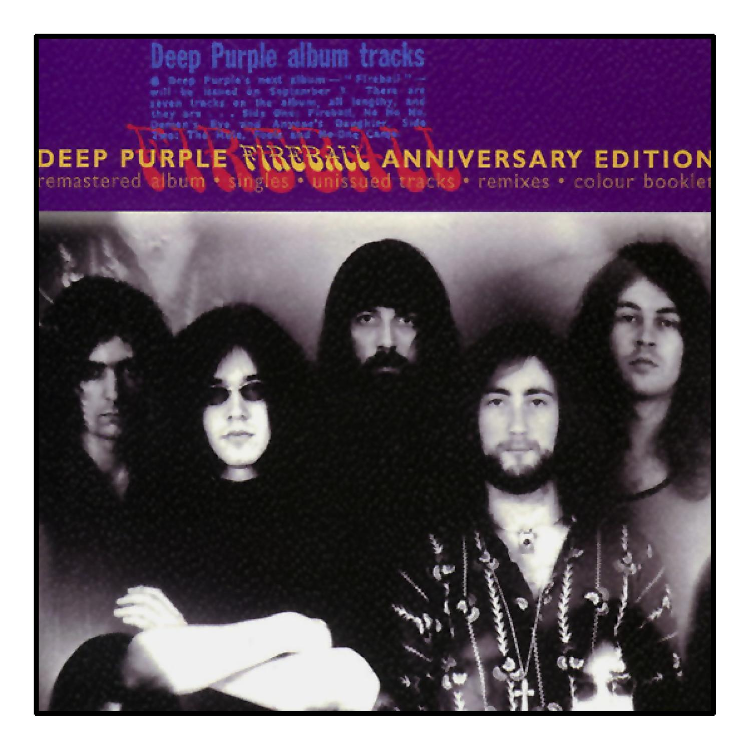 Deep Purple Albumcover, Bandmitglieder, dunkle Farben, Text in lila Rahmen.