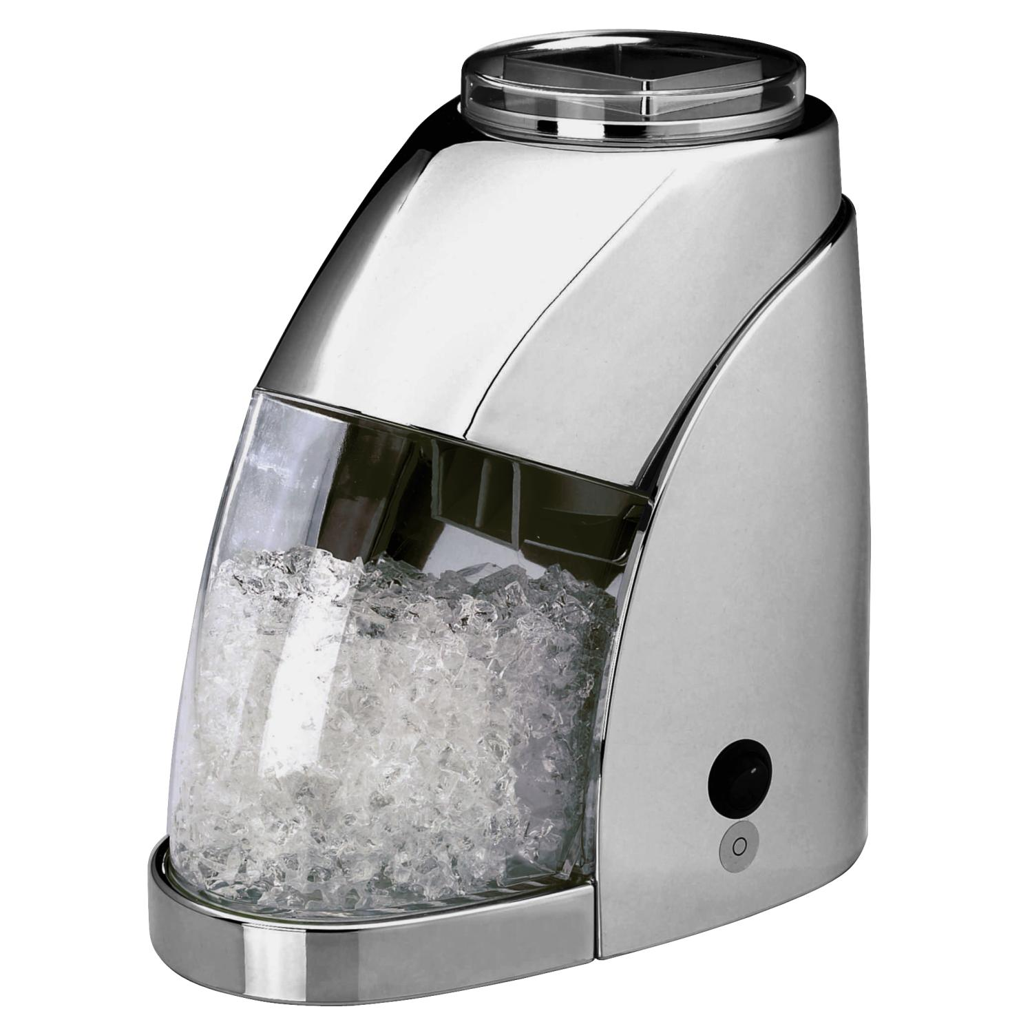 Silberne Eiswürfelmaschine mit Glasfront, die Eis zeigt. Ein schwarzer Knopf befindet sich an der Seite.