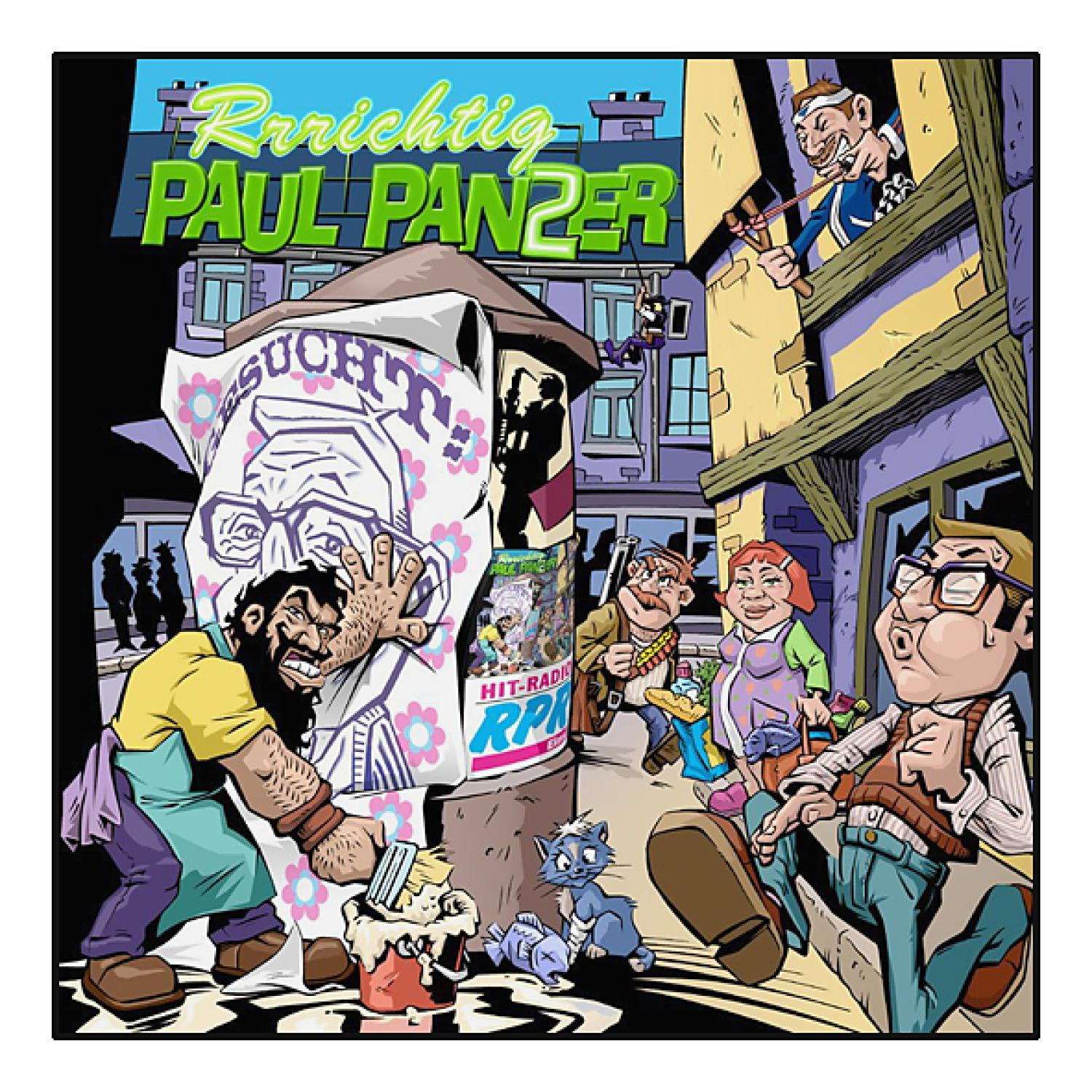 Paul Panzer Cartoon: verschiedene Comicfiguren in einer Stadt, mit Plakat und Graffiti.