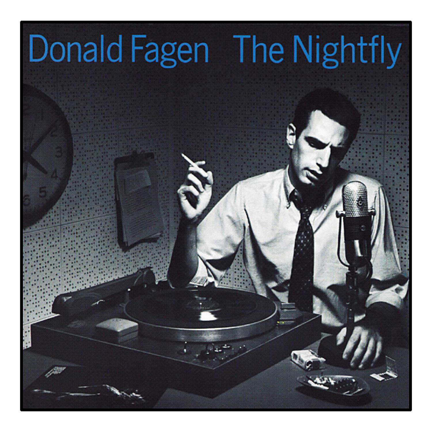 Albumcover. Mann mit Zigarette an Plattenspieler. Blauer Raum, Uhr, Mikrofon und Text.