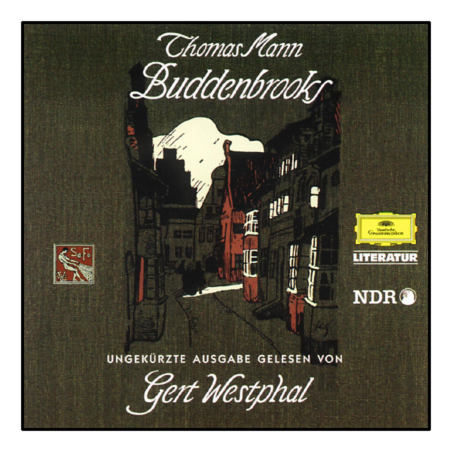 Albumcover für Buddenbrooks von Thomas Mann. Enthält eine Zeichnung einer Straßenszene in Rot- und Grautönen.