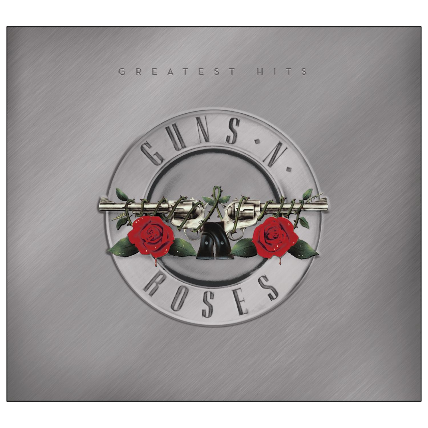 Album borító: Guns N' Roses logó rózsákkal és revolverekkel ezüst háttérrel. A cím: 'Greatest Hits'.