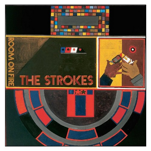Albumcover: The Strokes, Room on Fire. Kunst mit geometrischen Formen, Händen und einem Rouletterad.