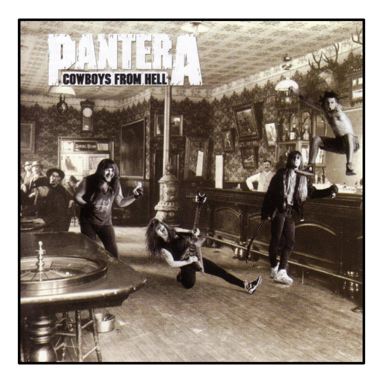 Albumcover: Pantera, Cowboys From Hell, Bandmitglieder in einer Bar im Westernstil, einer in der Luft.