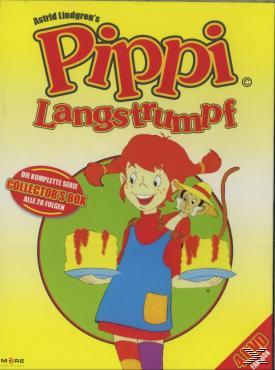 DVD-Cover: Pippi Langstrumpf-Cartoon mit Affe und Kuchen.