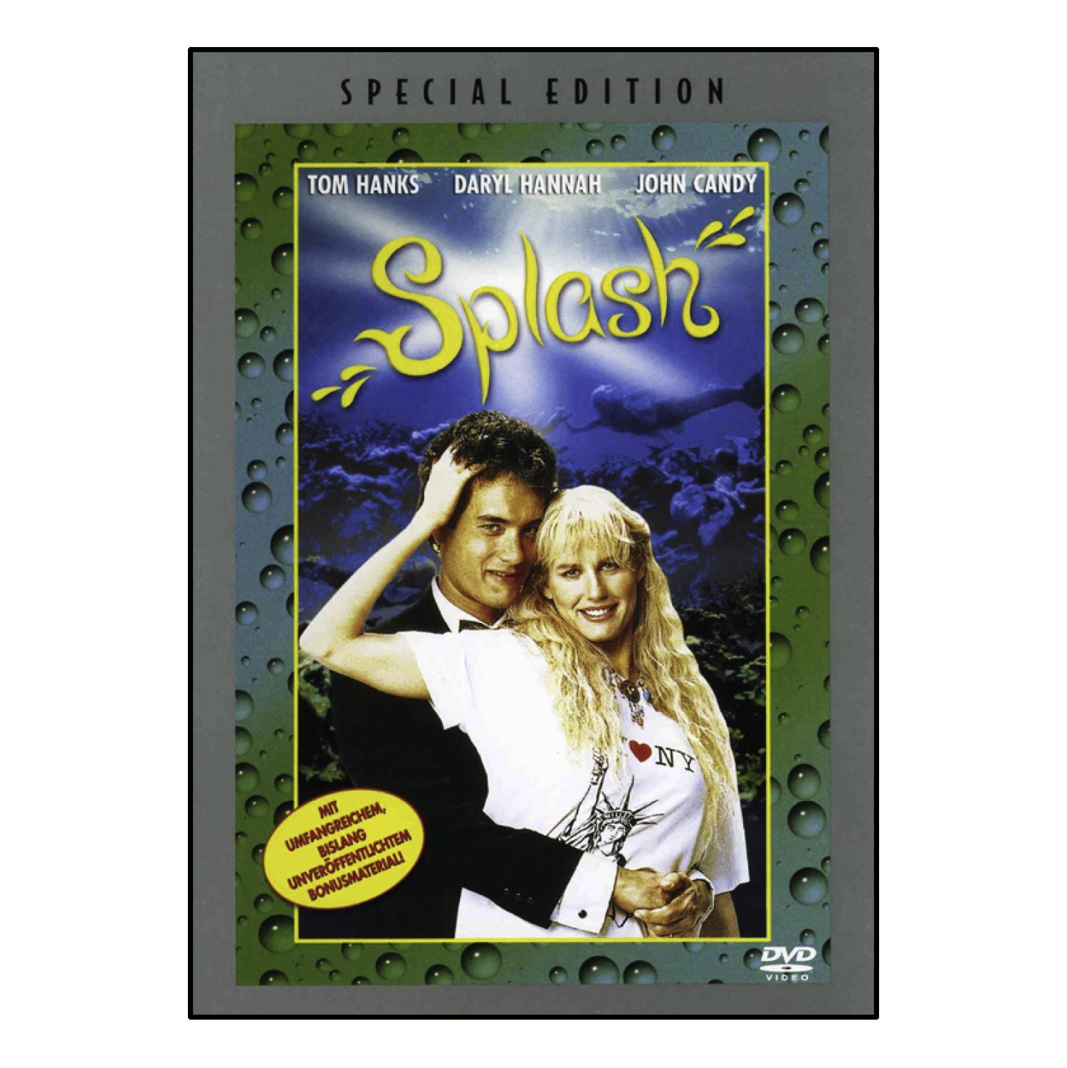 Filmcover von Splash. Ein Mann und eine Frau umarmen sich vor einer Wasserszene. Text auf dem Cover.