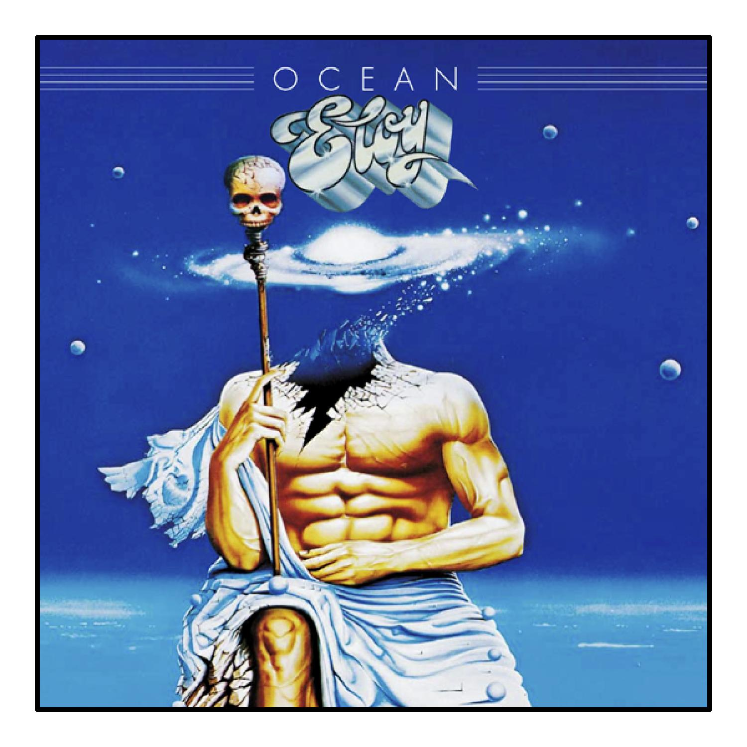 Albumcover eines Mannes ohne Hemd, der einen Stab mit Totenkopf hält, in blauem Himmel.