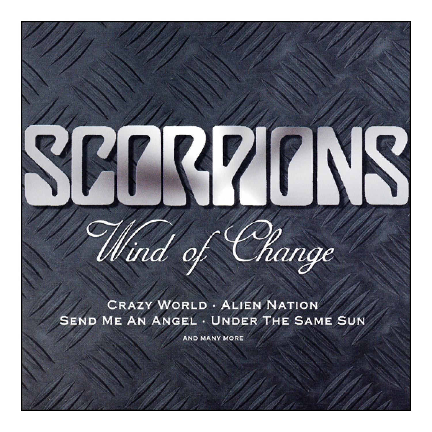 Scorpions-Albumcover mit dem Text 'Wind of Change'. Der Hintergrund ist ein Riffelblech.
