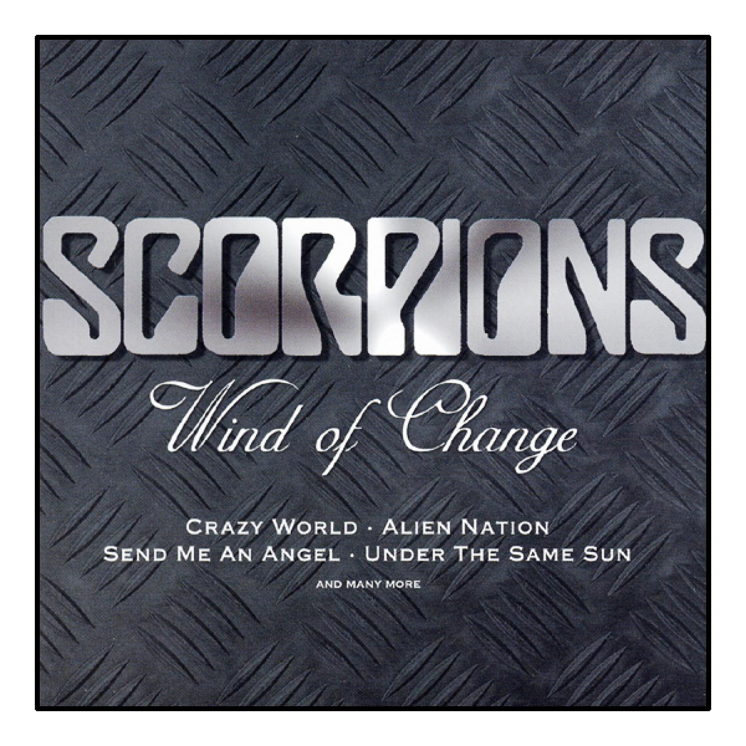 Scorpions-Albumcover. Der Bandname und der Albumtitel stehen über einer Liste von Songs. Schwarzer gemusterter Hintergrund.