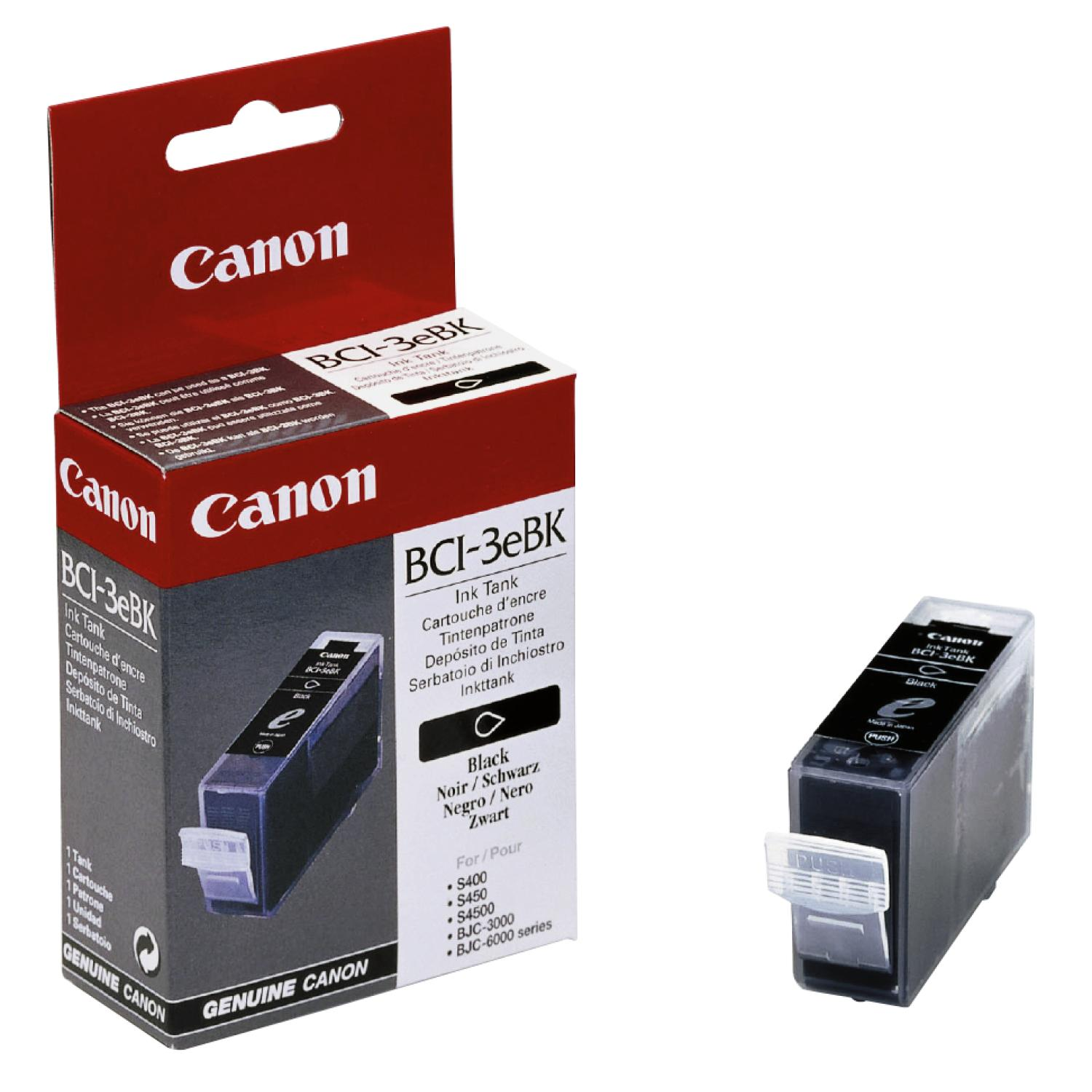 Ambalajlarında iki Canon mürekkep kartuşu. Biri kutunun dışında. Ambalaj kırmızı ve beyaz.