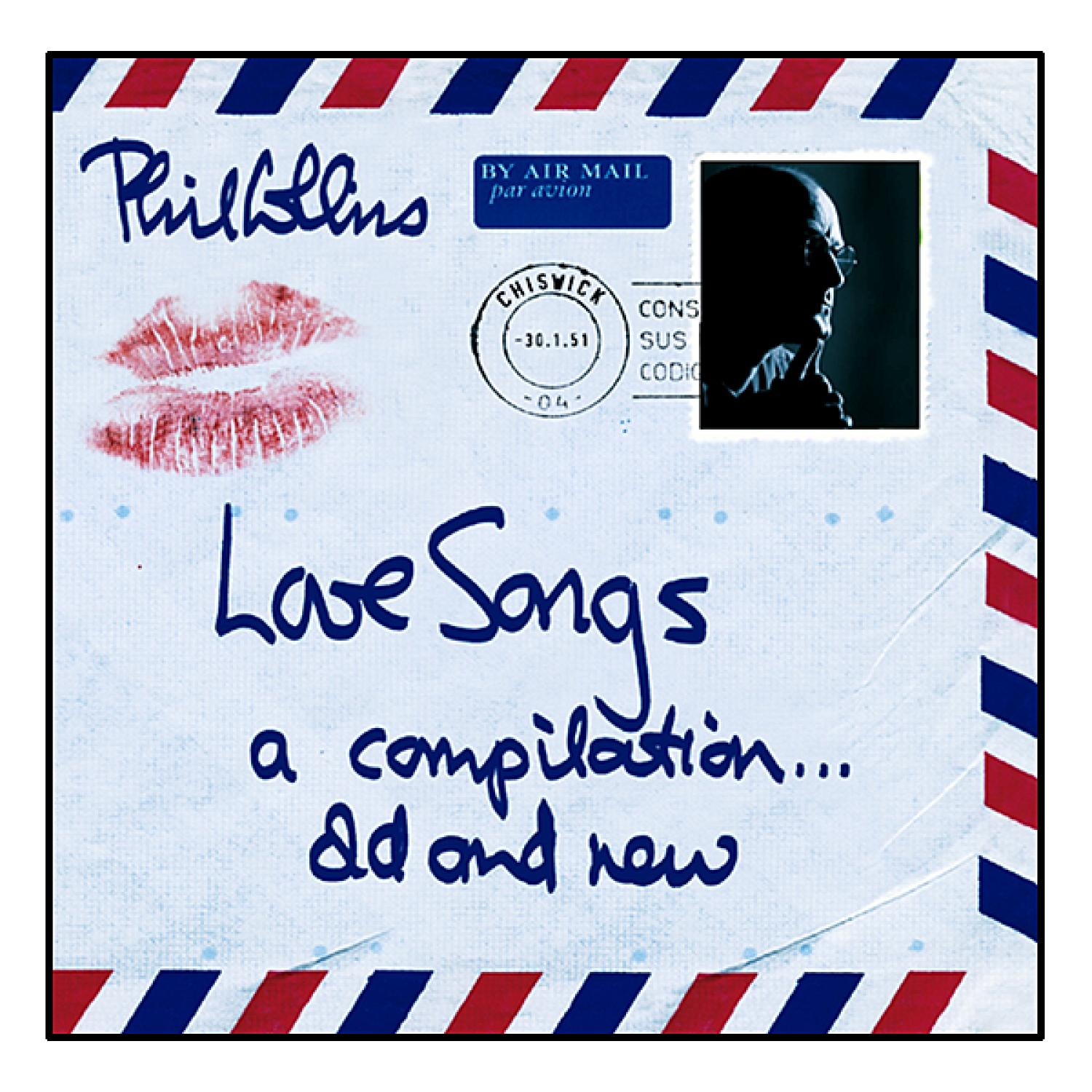 Albumcover mit Phil Collins, Lippen und 'Love Songs' Text auf Umschlag-Design.