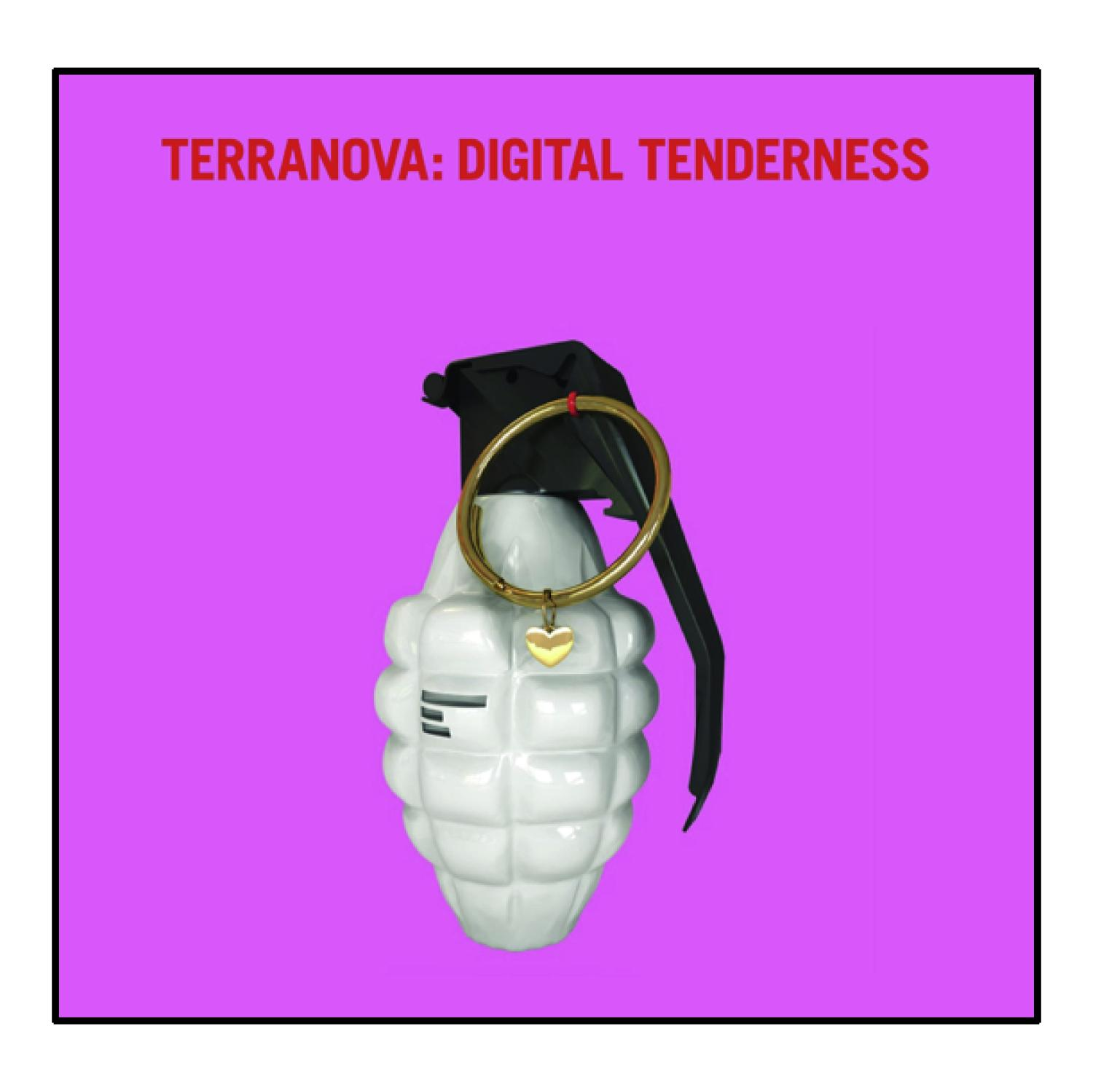 Weiße Granate mit goldenem Herzanhänger auf pinkem Hintergrund mit dem Text "TERRANOVA: DIGITAL TENDERNESS".