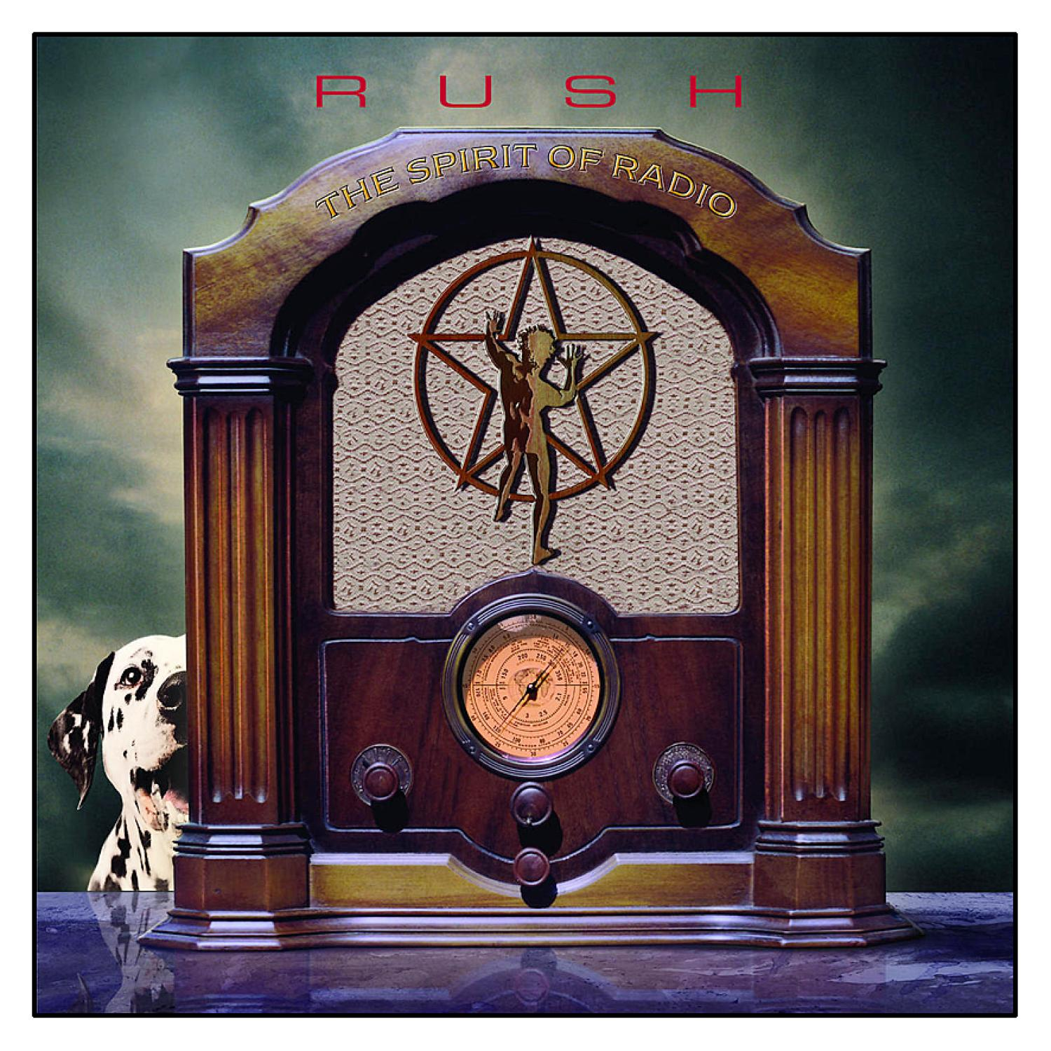 Rush-Albumcover: Vintage-Radio mit Stern und Figur. Titel: The Spirit of Radio.