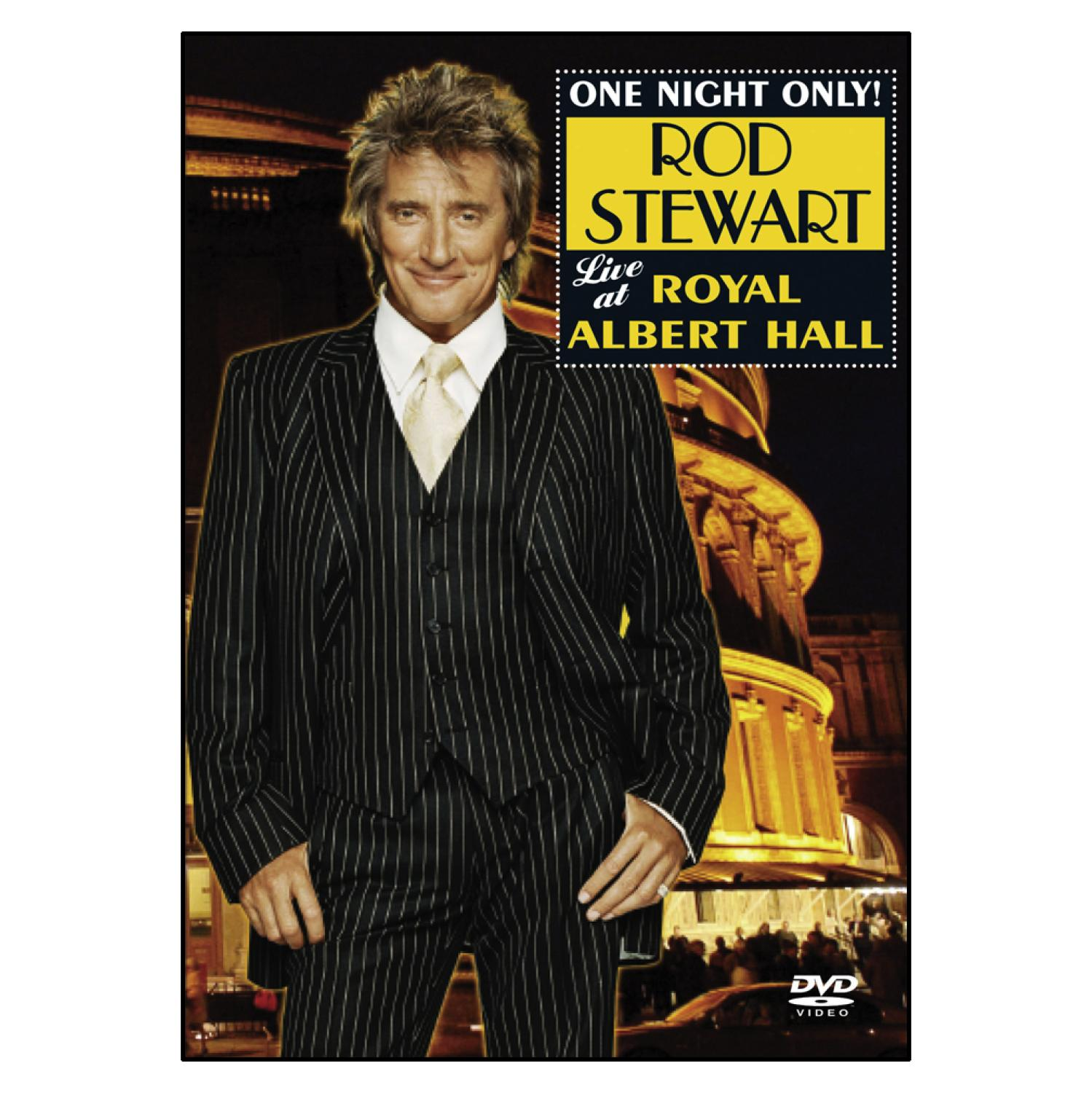 Rod Stewart auf einem DVD-Cover. Er trägt einen gestreiften Anzug und lächelt.