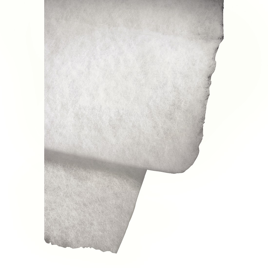 Close-up of a white, fluffy, non-woven fabric roll. The fabric is slightly torn.
