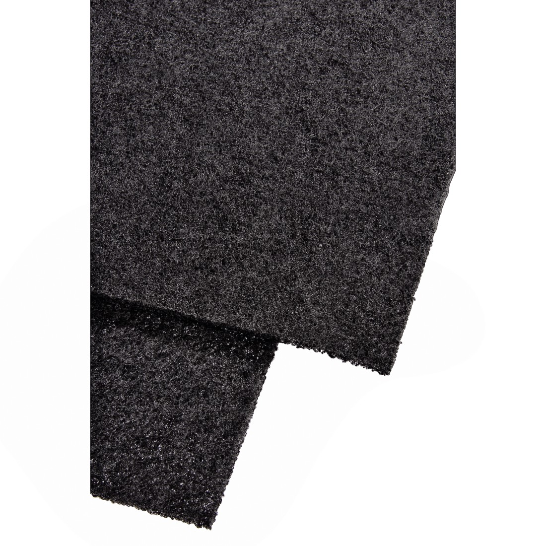 Two pieces of black, textured fabric, overlapping on a white background. Soft lighting.