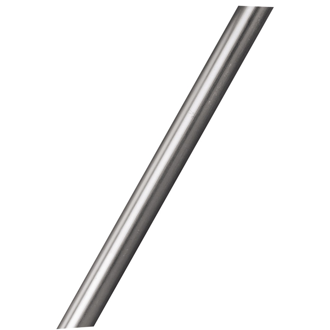 Eine glänzende, metallische, silberne Stange, diagonal auf weißem Grund.