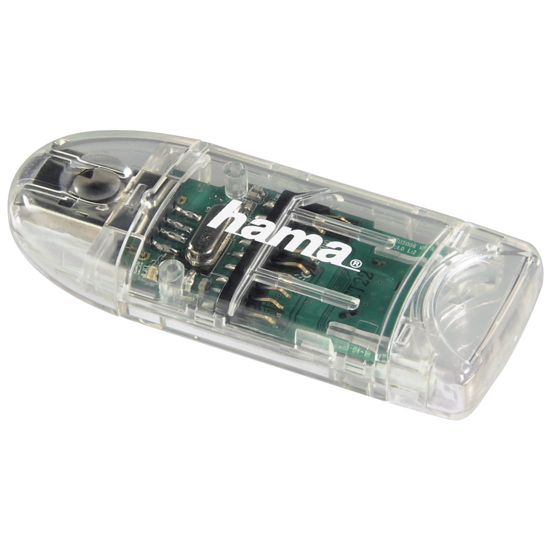 A transparent Hama USB card reader with a green circuit board inside. The Hama logo is visible.