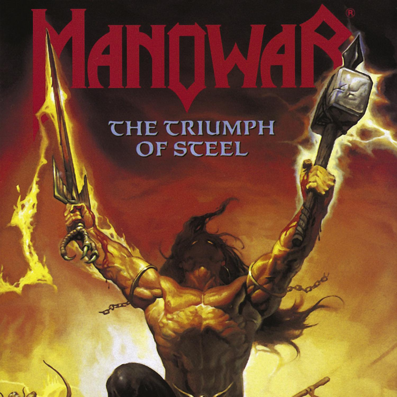 Manowar-Albumcover. Ein muskulöser Mann mit Schwert und Hammer, Blitze im Hintergrund.