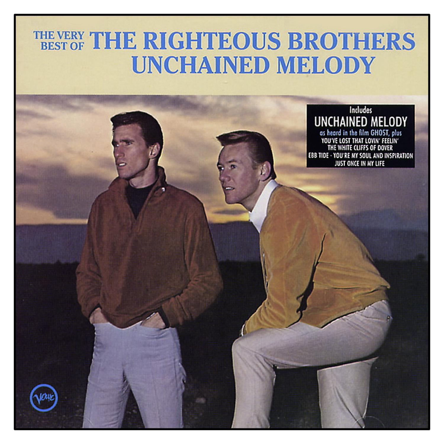 Albumcover: The Righteous Brothers, Unchained Melody. Zwei Männer vor einer Sonnenuntergangszene.