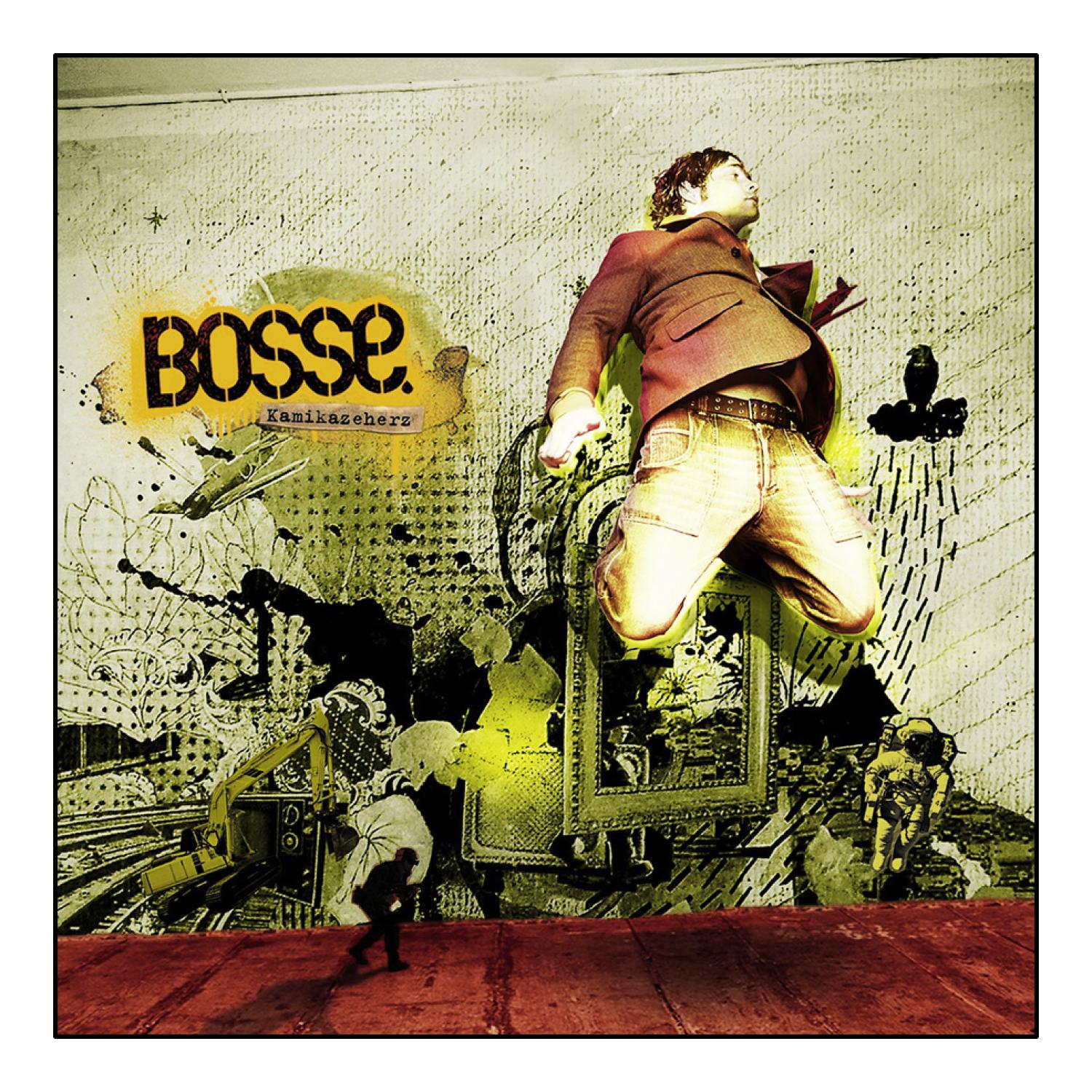 Albumcover. Ein Mann springt auf einer roten Holzoberfläche hoch. Gelbes Graffiti mit Text.