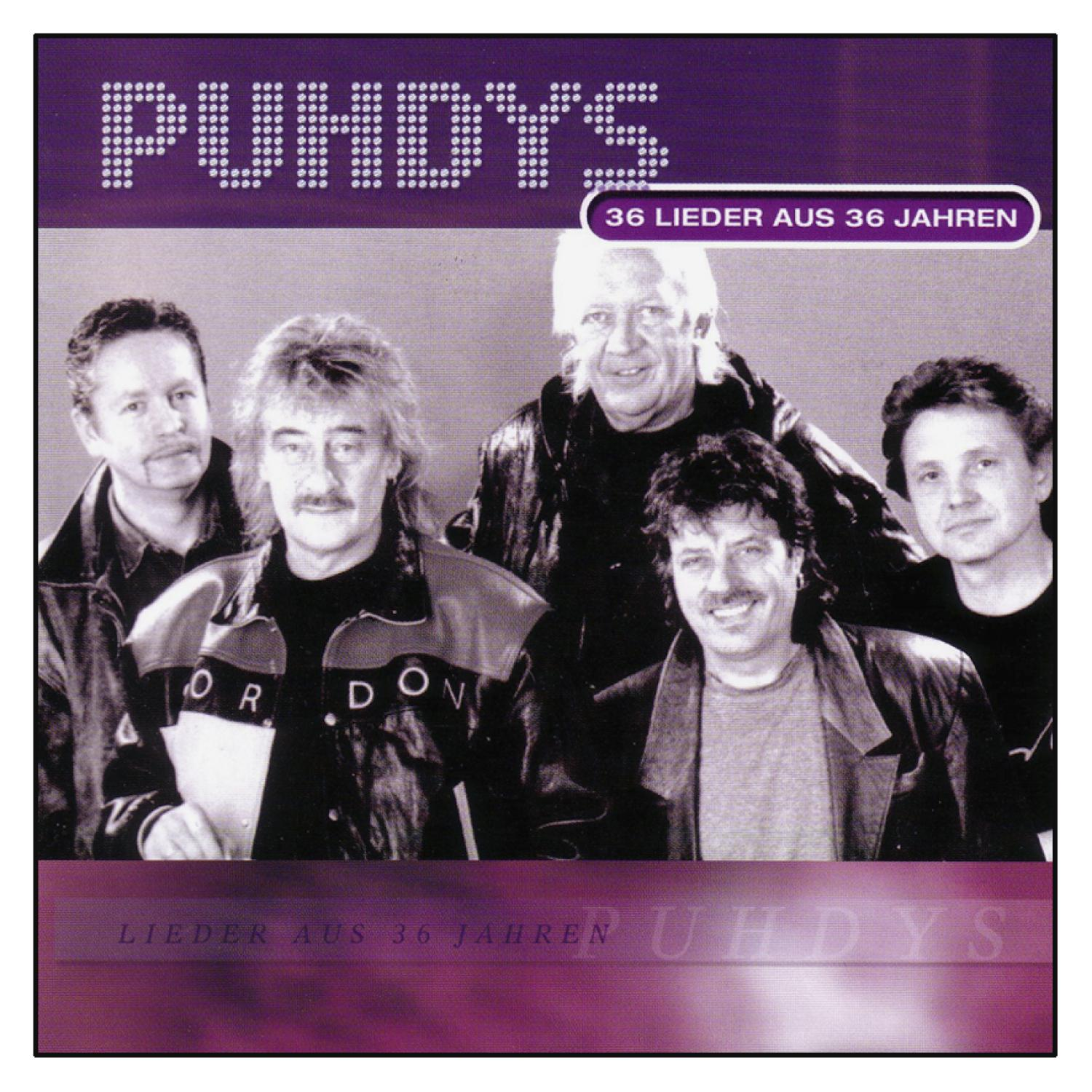 Albumcover von Puhdys, einer Band, fünf Männer auf einem Gruppenfoto, mit einem lila-weißen Design.