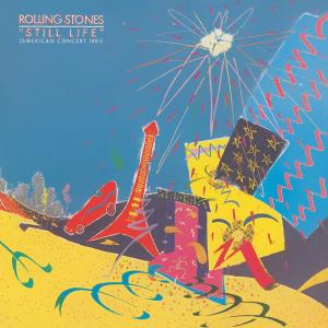 Albumcover mit einem abstrakten Kunstdesign, Gitarren, Noten, mit einem blauen Himmel im Hintergrund. Text: Rolling Stones.