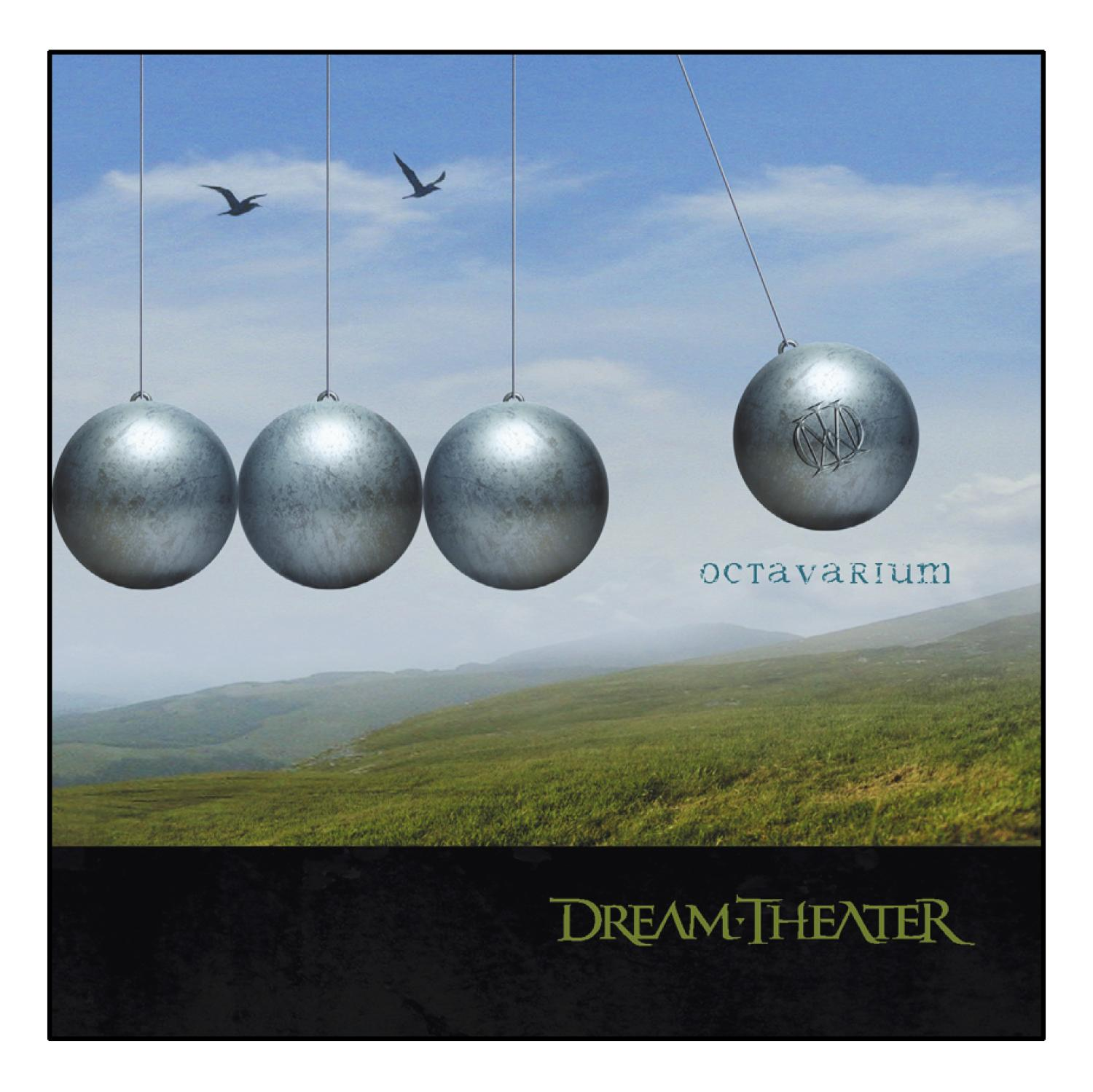 Albumcover mit Pendeln, Vögeln und grüner Landschaft. Der Bandname ist Dream Theater.