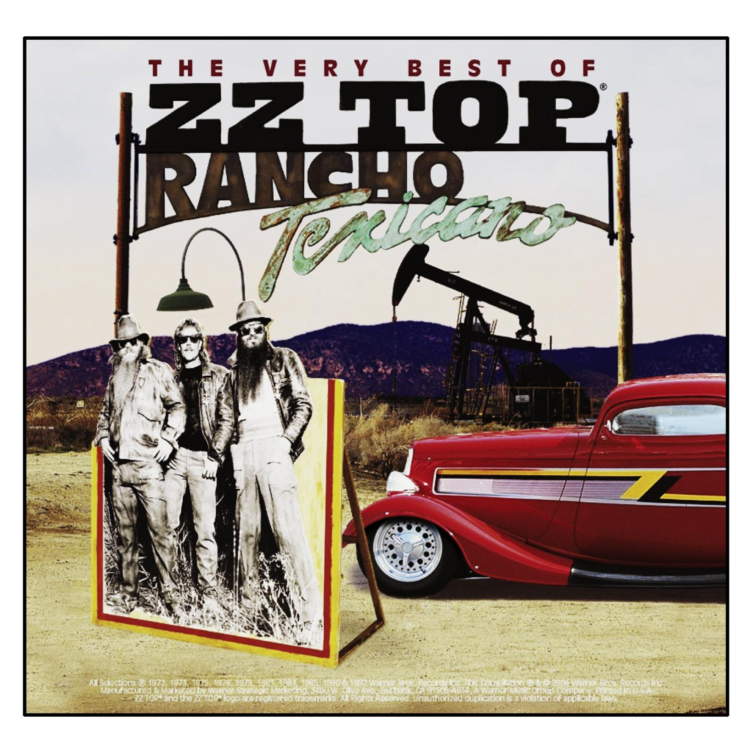 ZZ Top Albumcover. Bandmitglieder vor Schild. Rotes Auto im Hintergrund.