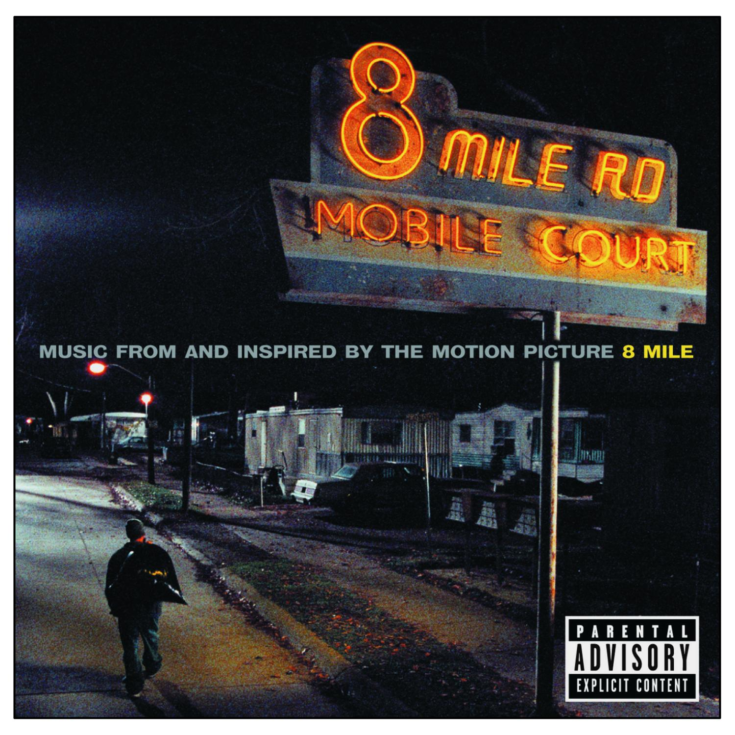 Albumhoes voor 8 Mile. Bord, straat en een persoon die wegloopt.