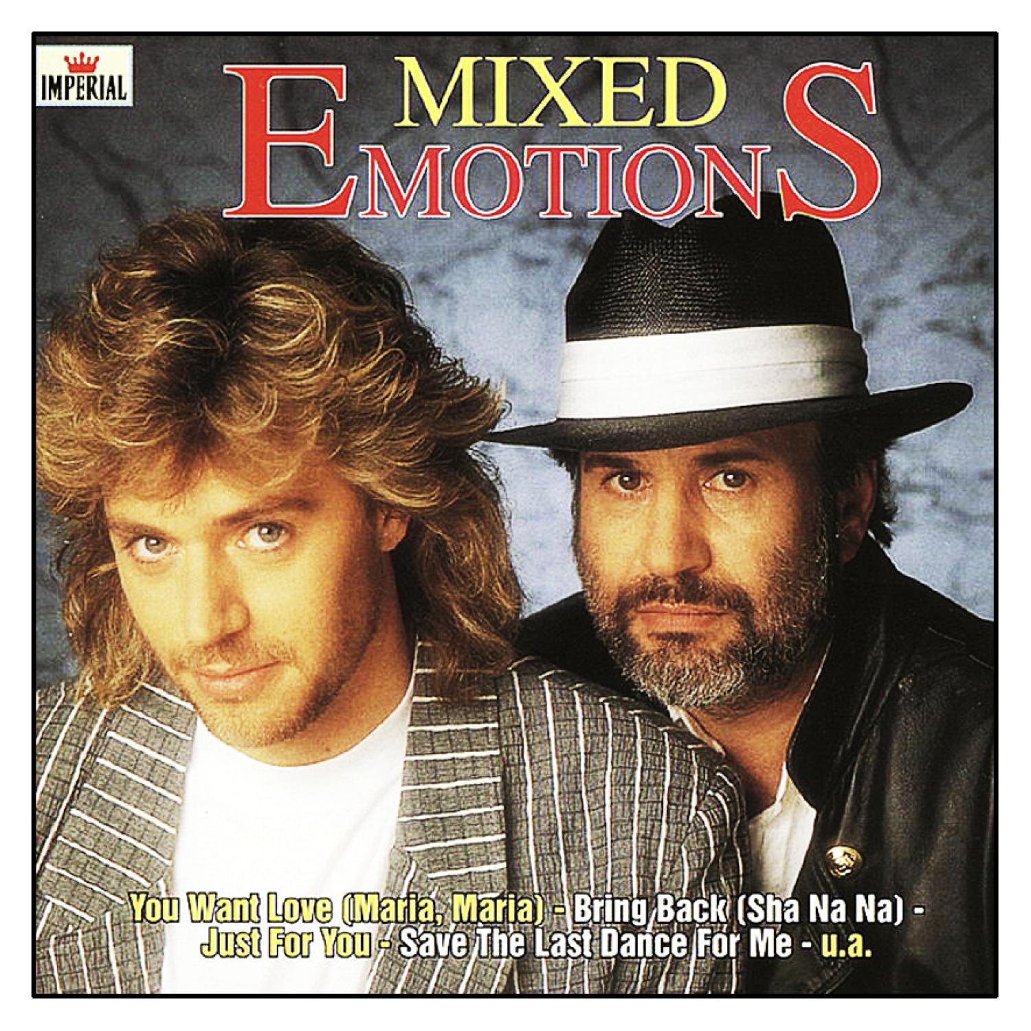 Albumcover: Zwei Männer mit dem Text „Mixed Emotions“ und Songtiteln. Ein Mann mit langen Haaren.