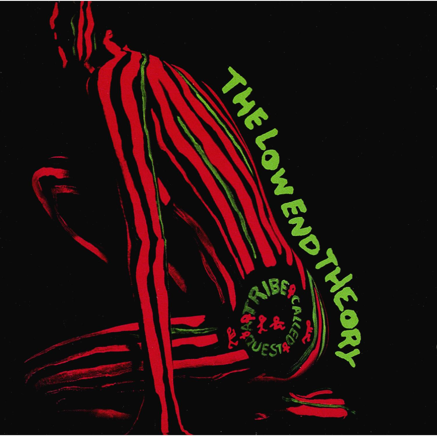 A Tribe Called Quest Albumcover. Figur mit roten und grünen Streifen, schwarzer Hintergrund, Text.