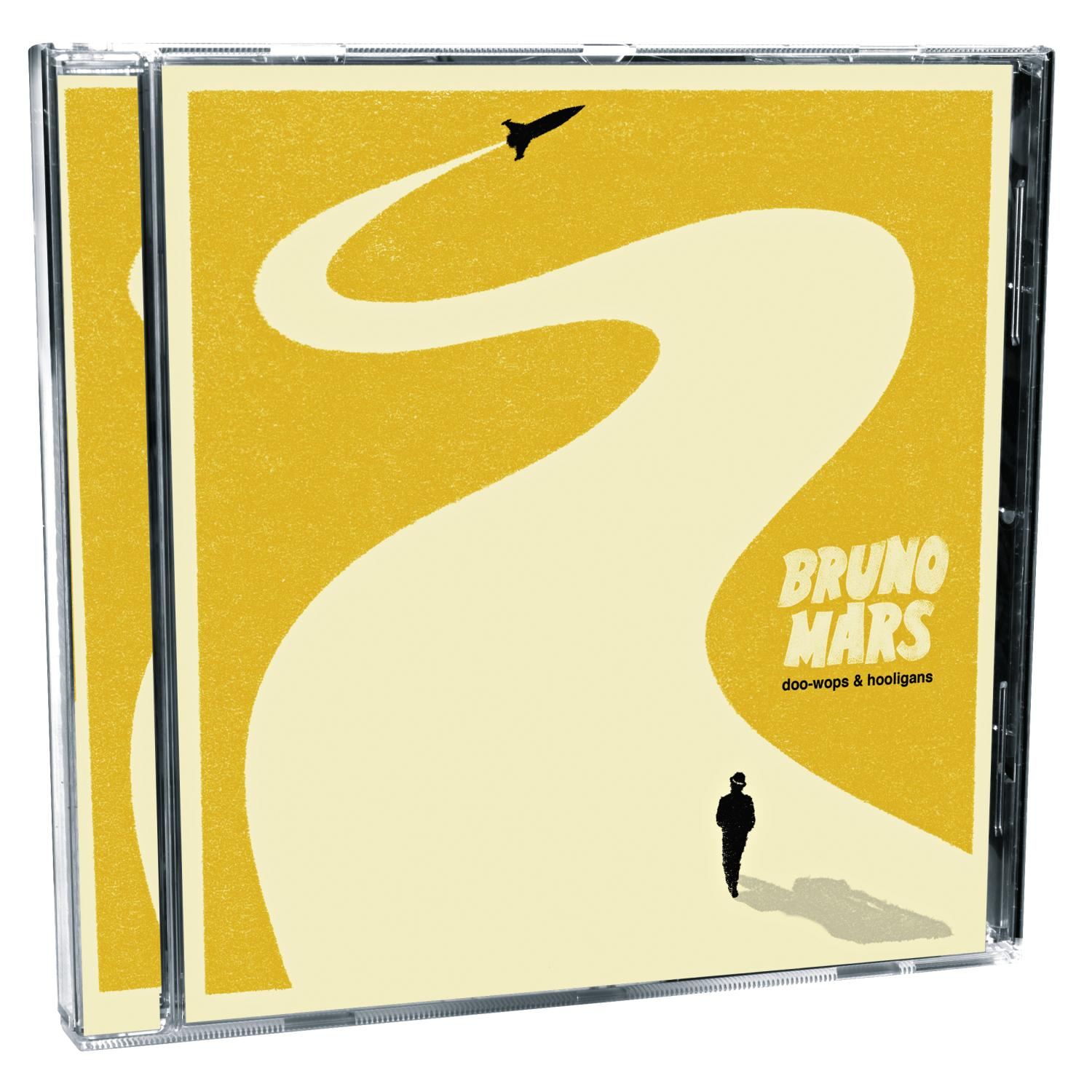 Albumcover mit gelbem Hintergrund, Pfad, Flugzeug und Person. Titel: Bruno Mars, Doo-Wops & Hooligans.