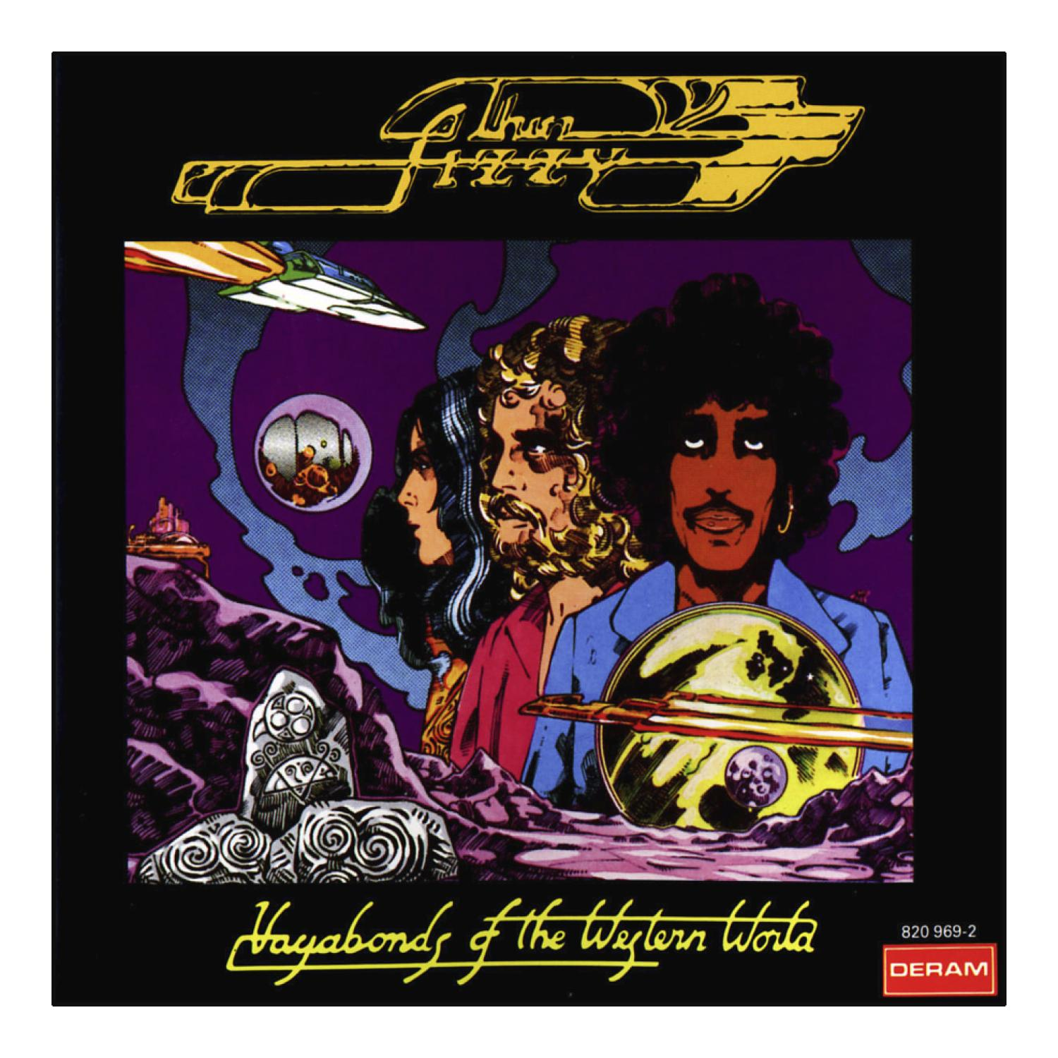 Albumcover: Drei Personen mit langen Haaren auf lila Hintergrund mit gelbem Logo und Text: Vagabonds of the Western World.