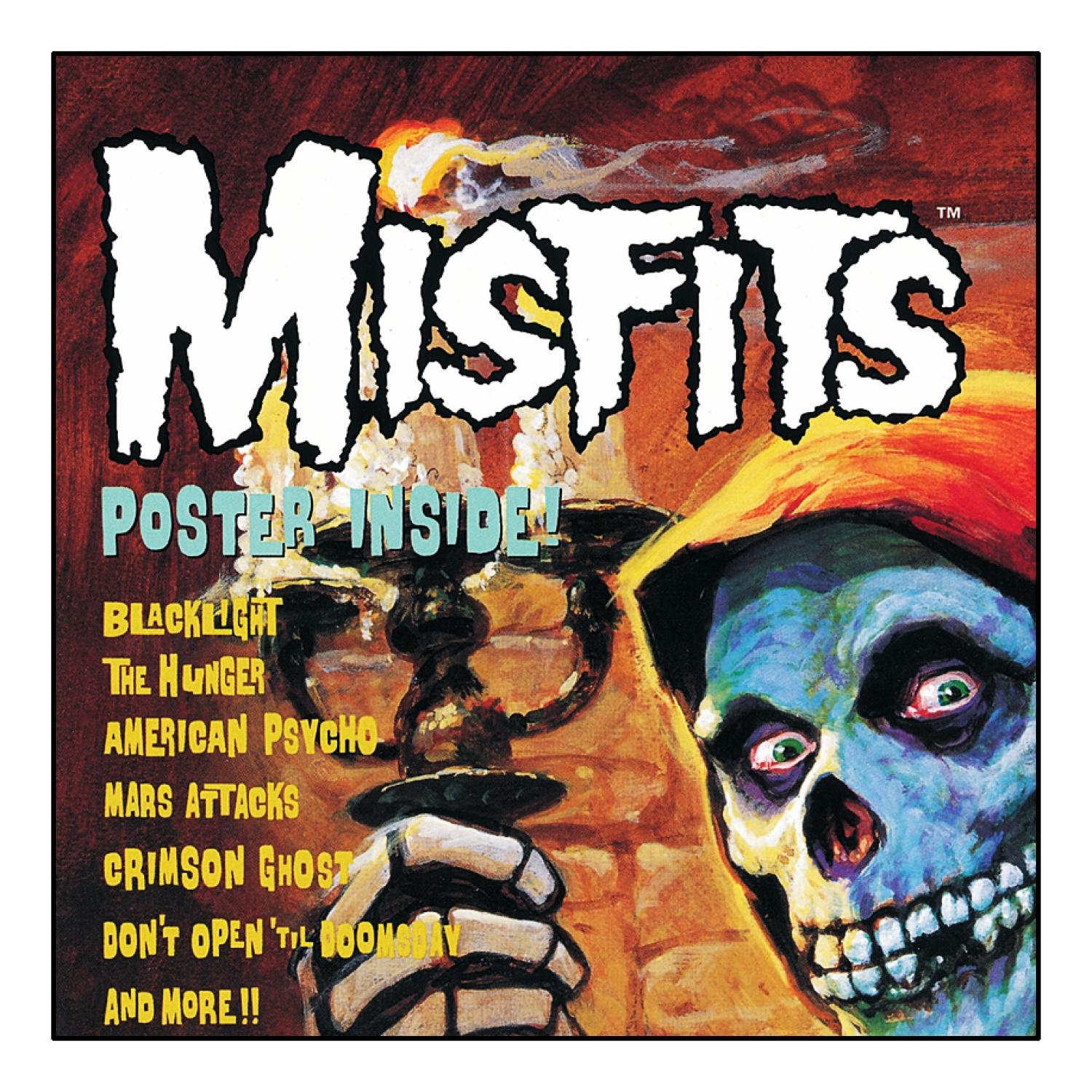 Albumcover für 'Misfits'. Zeigt einen Totenkopf, Text und eine Titelliste. Roter und oranger Hintergrund.
