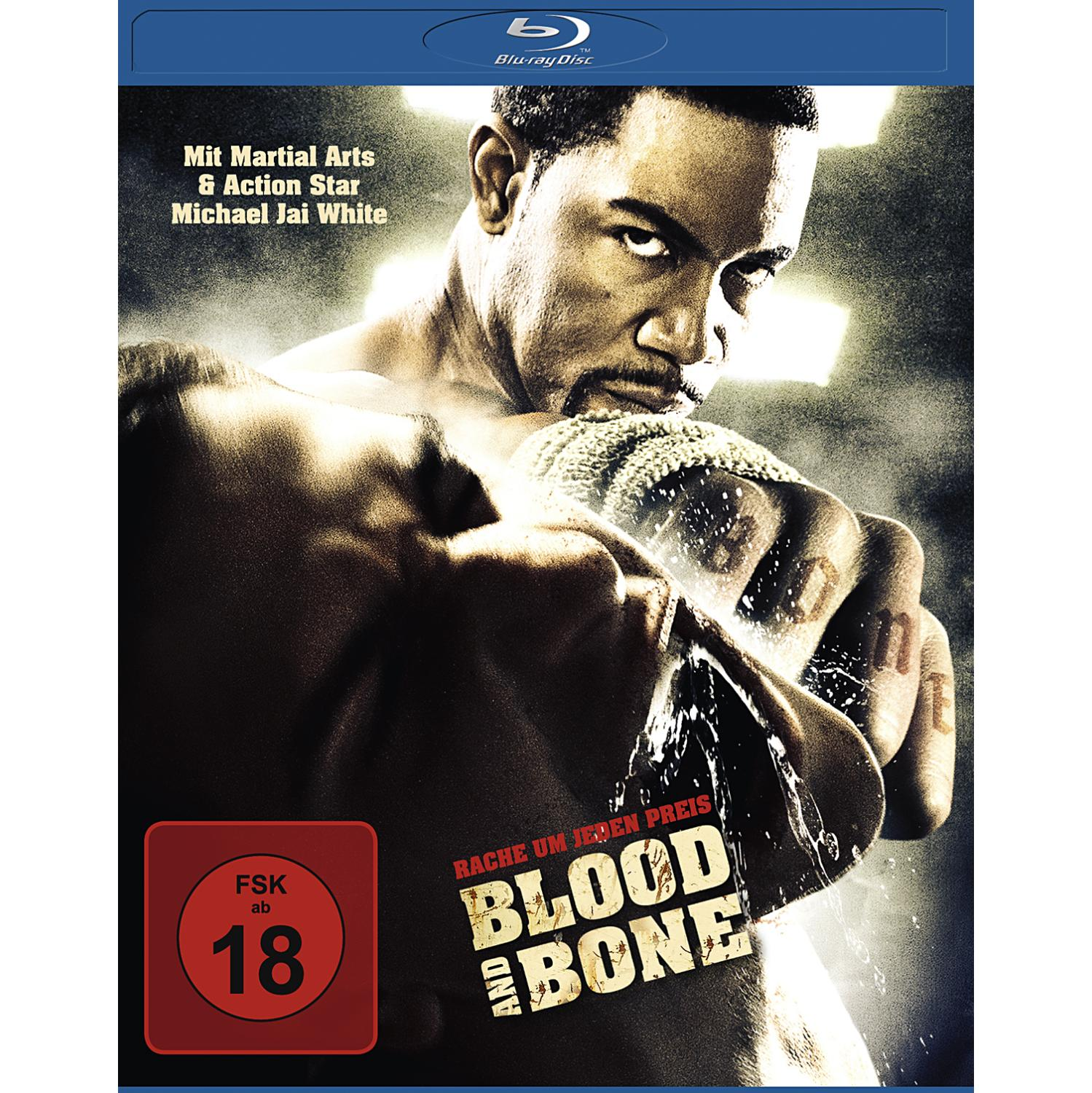 Blu-ray-Cover: Mann in Kampfhaltung, Text 'Blood and Bone', blauer Hintergrund.