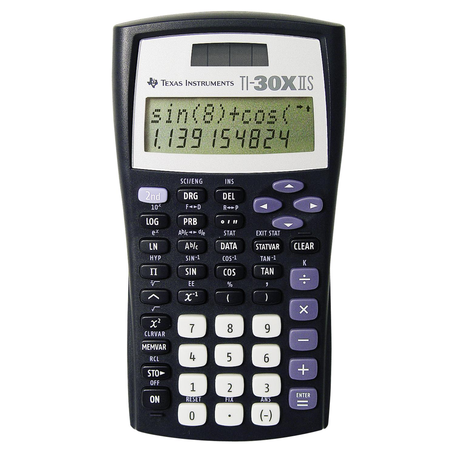 Schwarzer Texas Instruments TI-30X IIS Taschenrechner, der eine mathematische Gleichung auf dem Bildschirm anzeigt.