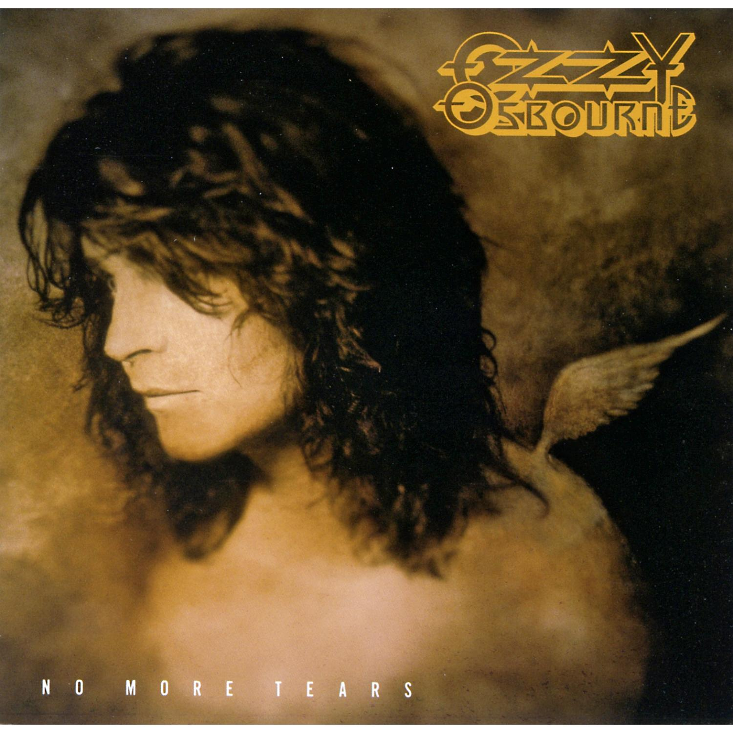 Ozzy Osbourne auf einem Albumcover, Seitenprofil mit Engelsflügel und dem Titel 'No More Tears'.