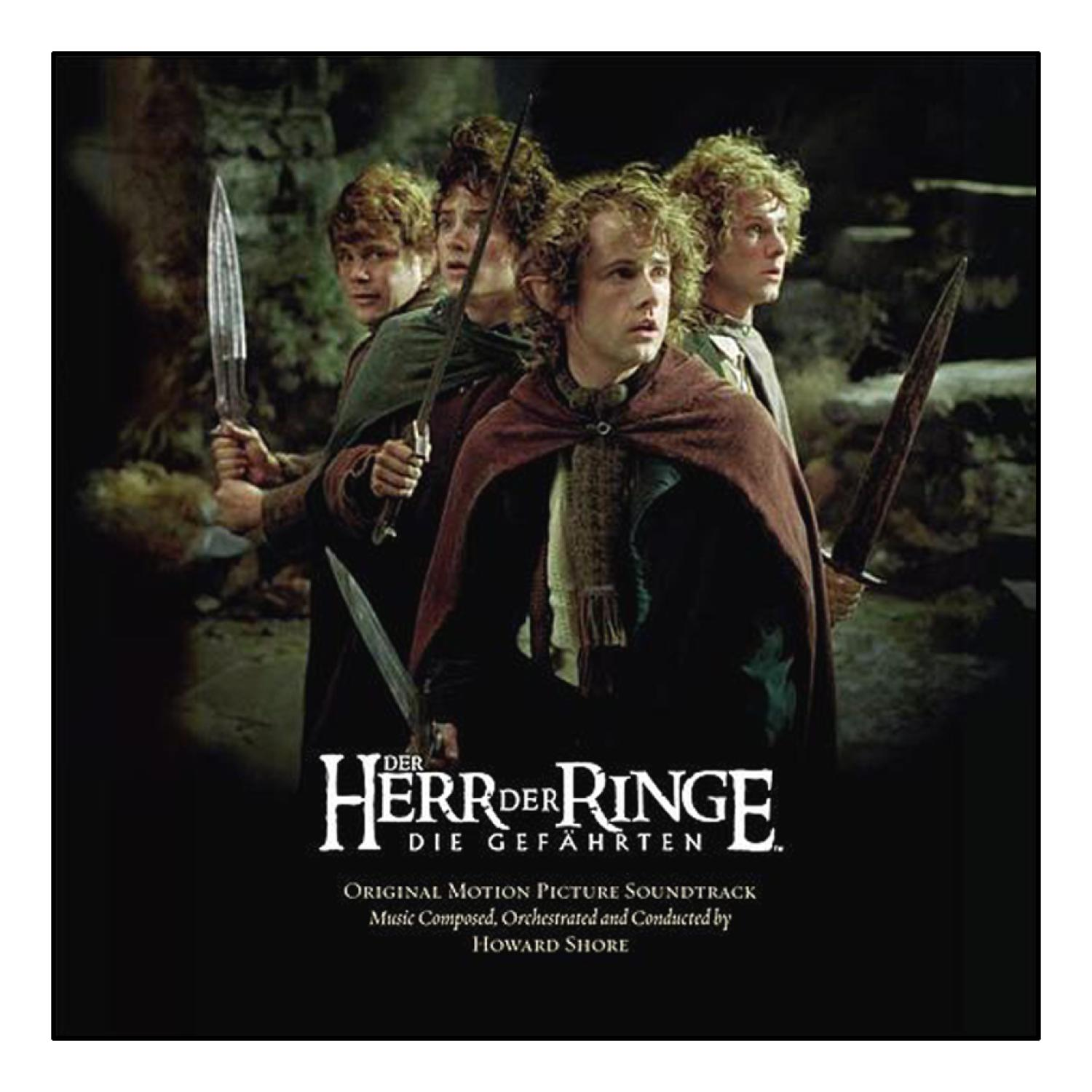 Das Cover des Lord of the Rings-Soundtracks. Vier Männer mit Schwertern vor dunklem Hintergrund.